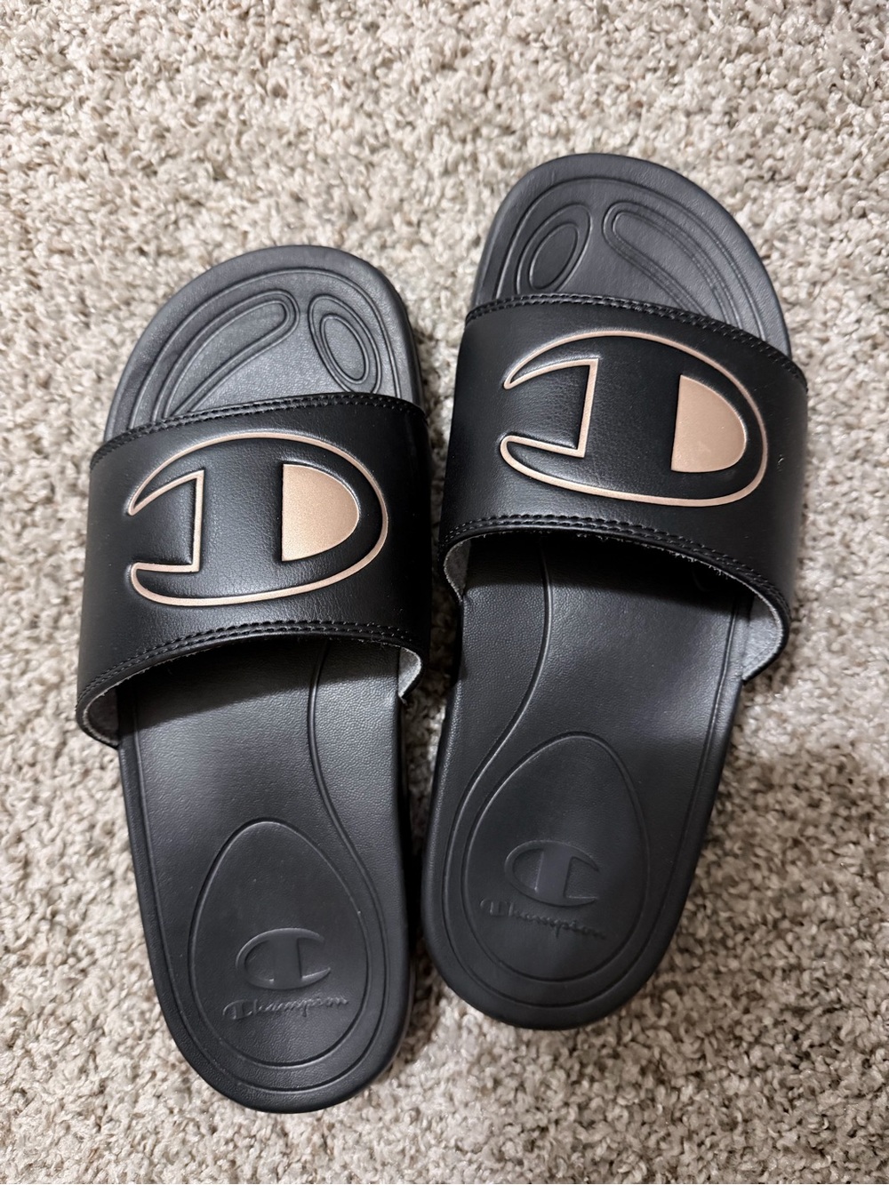 Champion Black Squish Slides with Rose Gold Emblem size 8W